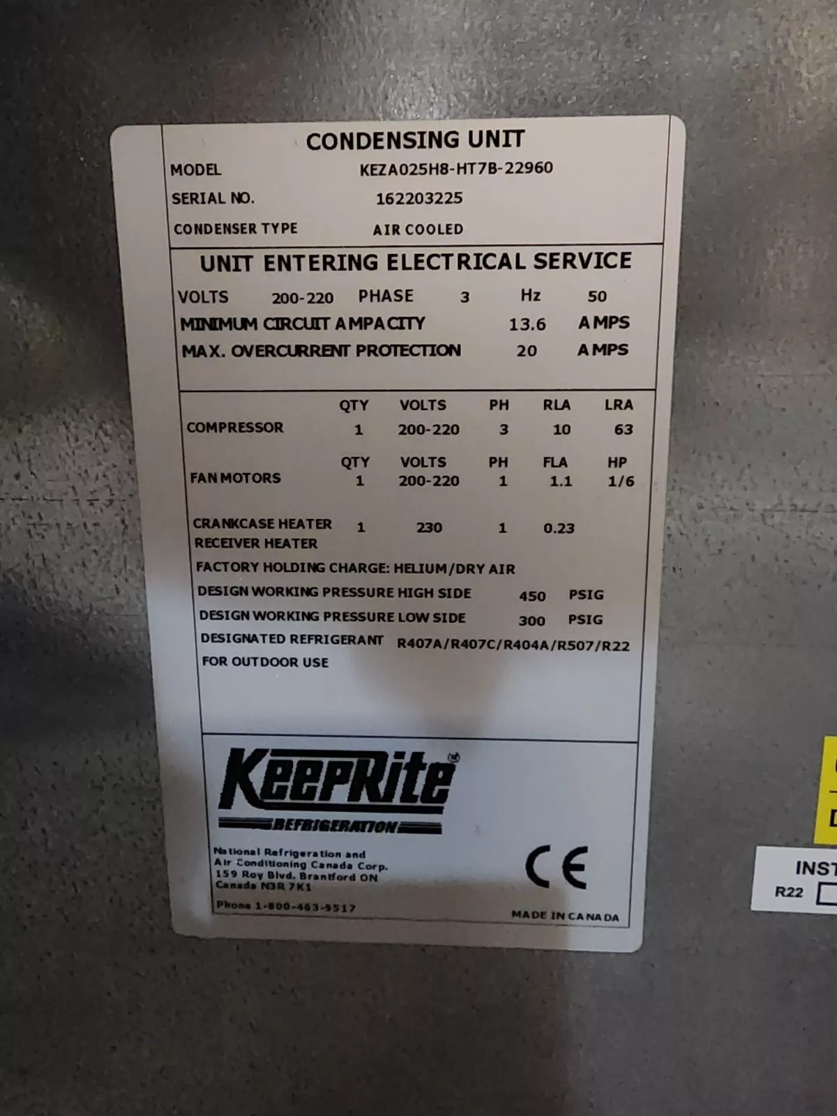 Keeprite 2.5 HP Medium Temp Cooler Condensing Unit KEZA025H8-HT7B