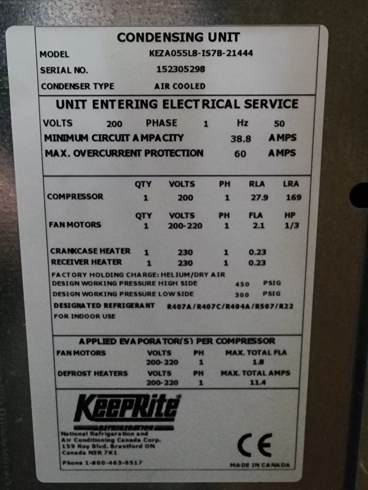 Keeprite 5.5 HP Indoor Low Temp Freezer Condensing Unit KEZA055L8-IS7B