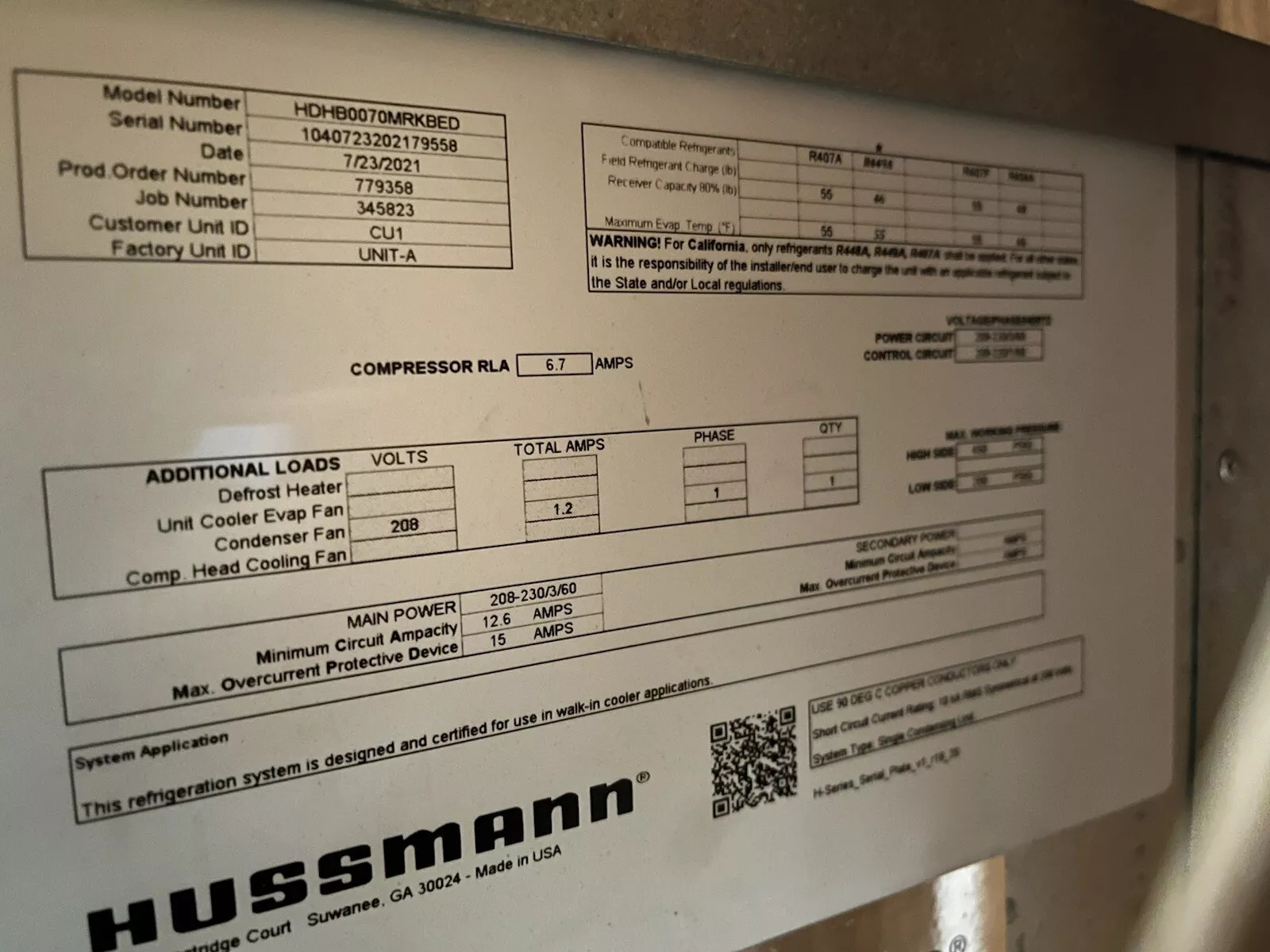 Hussmann 3/4 HP Medium Temp Cooler Condensing Unit HDHB0070MRKBED