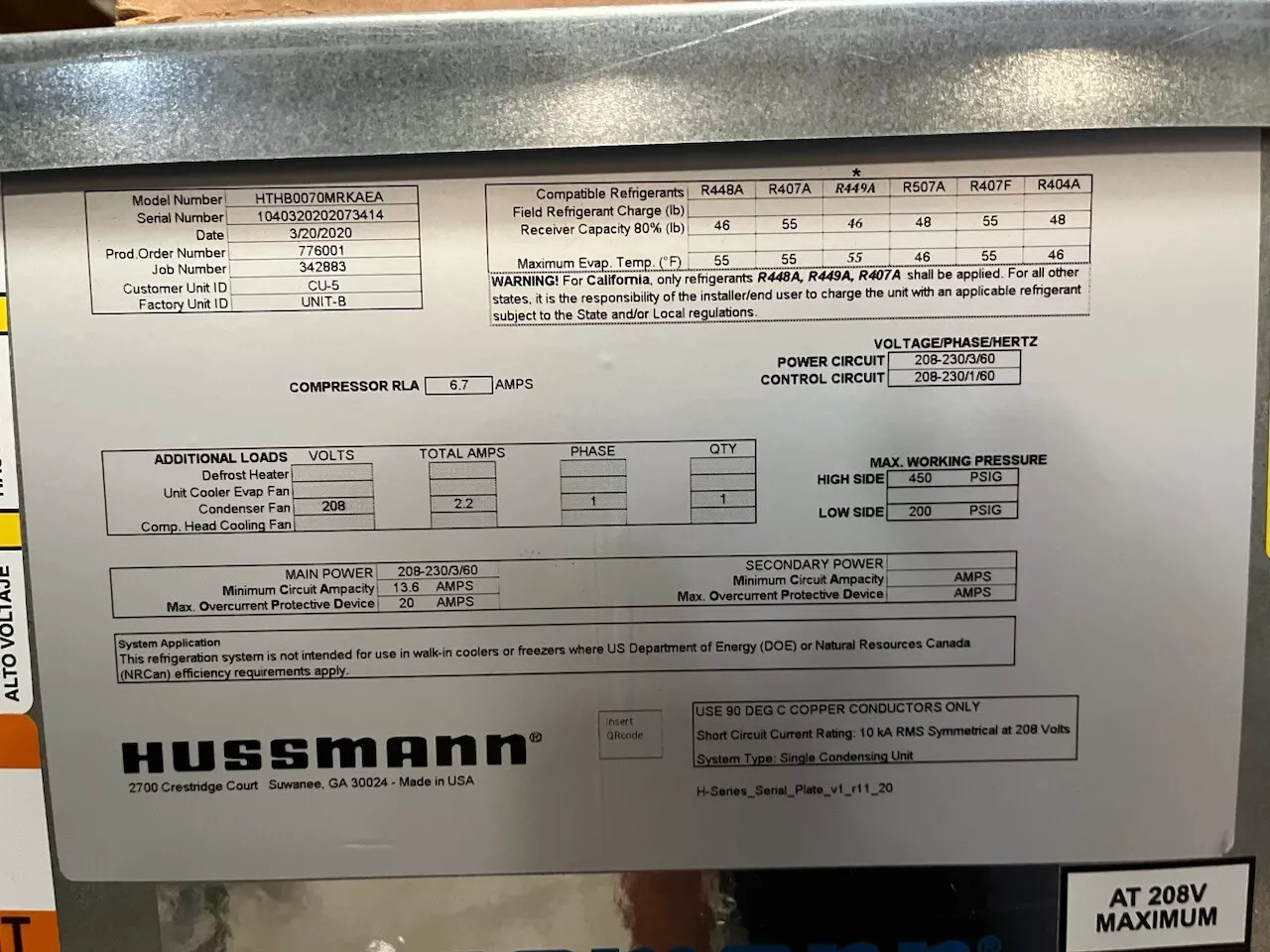 Hussmann 3/4 HP Medium Temp Cooler Condensing Unit HTHB0070MRKAEA