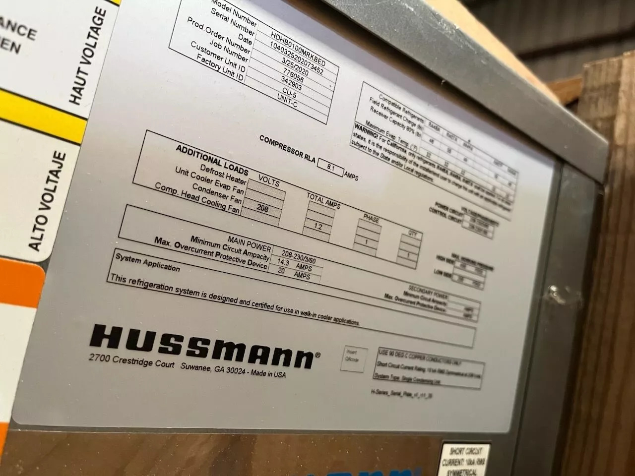 Hussmann 1 HP Medium Temp Cooler Condensing Unit HDHB0100MRKBED