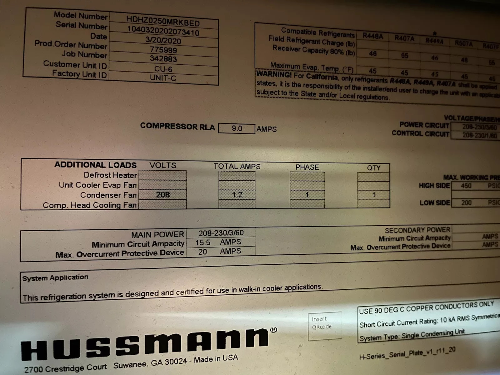 Hussmann 2.5 HP Medium Temp Cooler Condensing Unit HDHZ0250MRKBED